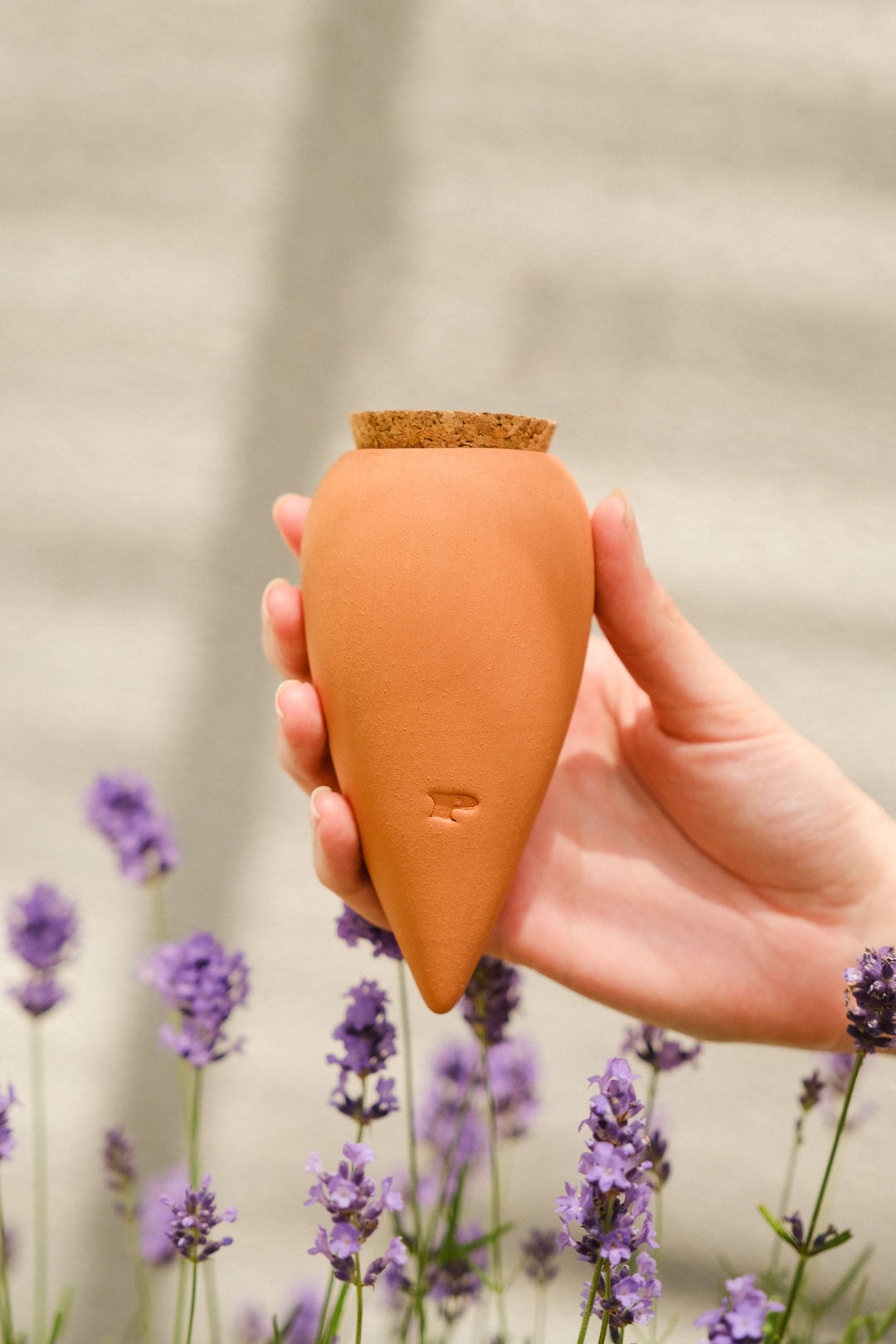 En hånd, der holder en Mini olla i terracotta